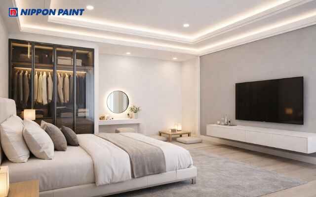 Sự phối hợp của tông trắng và xám nhạt hiện đại giúp giữ sự hài hòa và hỗ trợ giấc ngủ sâu