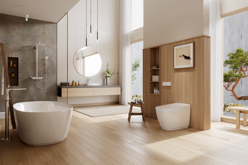 Nhà tắm hiện đại với diện tích lớn, tích hợp khu tắm đứng và bồn tắm nằm