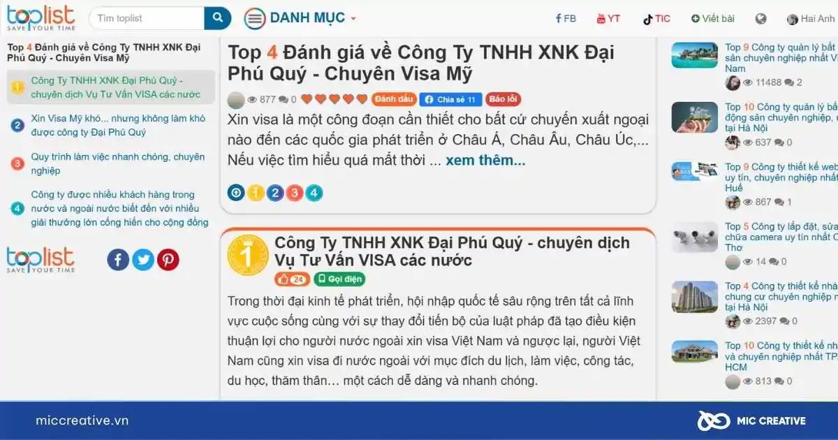 Trang review công ty Toplist