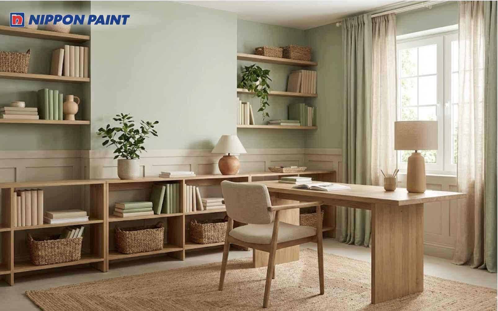 Phòng học tông xanh lá nhạt kết hợp be không chỉ nuôi dưỡng Mộc khí mà còn giúp tăng cường sự tập trung, học bền bỉ cho tuổi Canh Dần