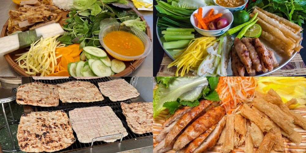Từng tảng thịt lớn được nướng trên than hồng tại tiệm nem Bé Thảo
