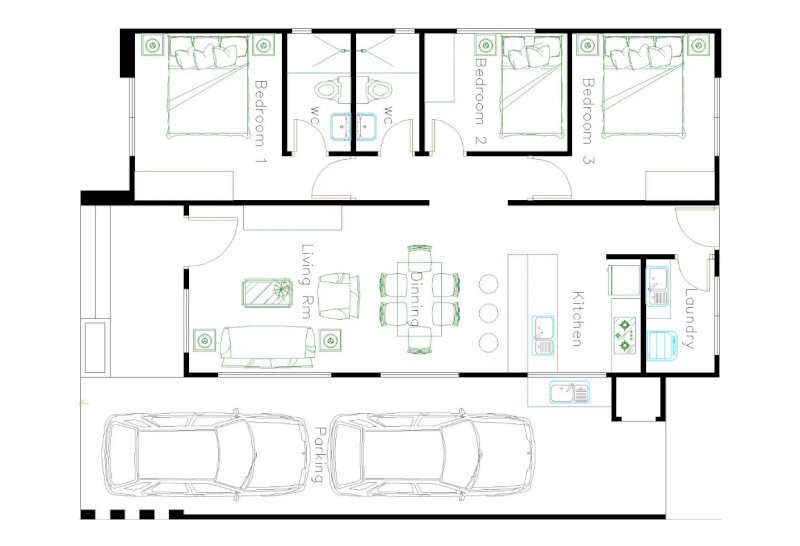 Bản vẽ nhà cấp 4 8x12m mái Thái với 3 phòng ngủ, phòng khách liền bếp ăn và 2 nhà vệ sinh
