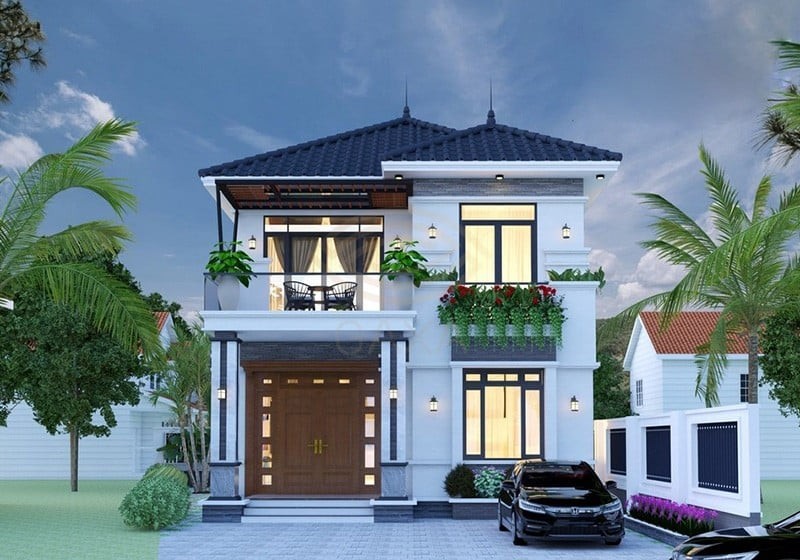 Mẫu nhà 2 tầng 4 phòng ngủ hiện đại với tông màu trắng chủ đạo