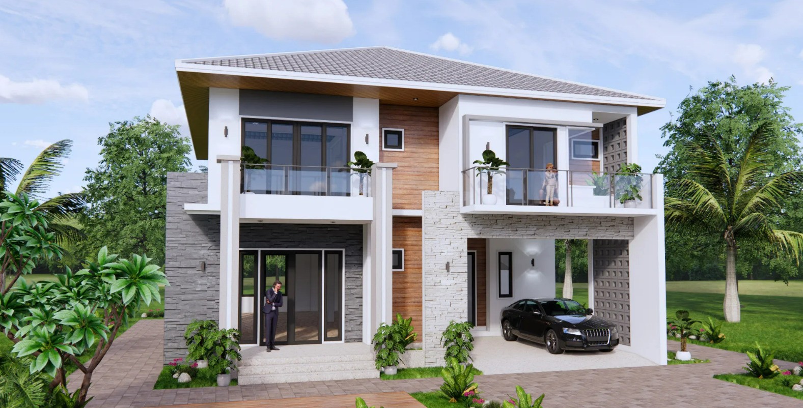 Mẫu nhà 2 tầng mái Nhật với thiết kế hiện đại và màu sắc trang nhã