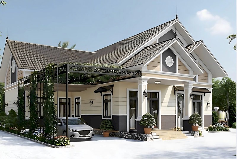Mẫu nhà cấp 4 mái Thái 8x12m hiện đại với tông màu be xám chủ đạo