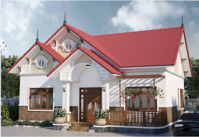 Mẫu nhà cấp 4 mái Thái giật cấp 8x12m được trang trí với nhiều cây xanh