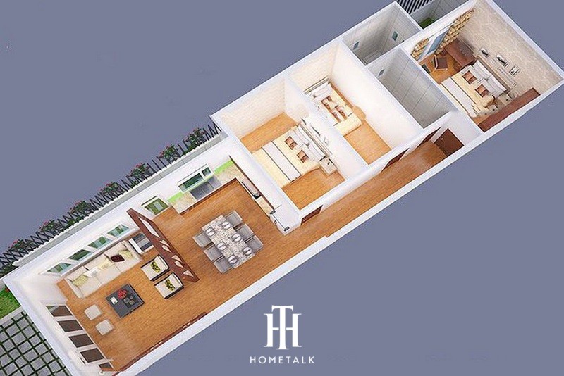 Mô phỏng thiết kế nhà ống 1 tầng với 3 phòng ngủ