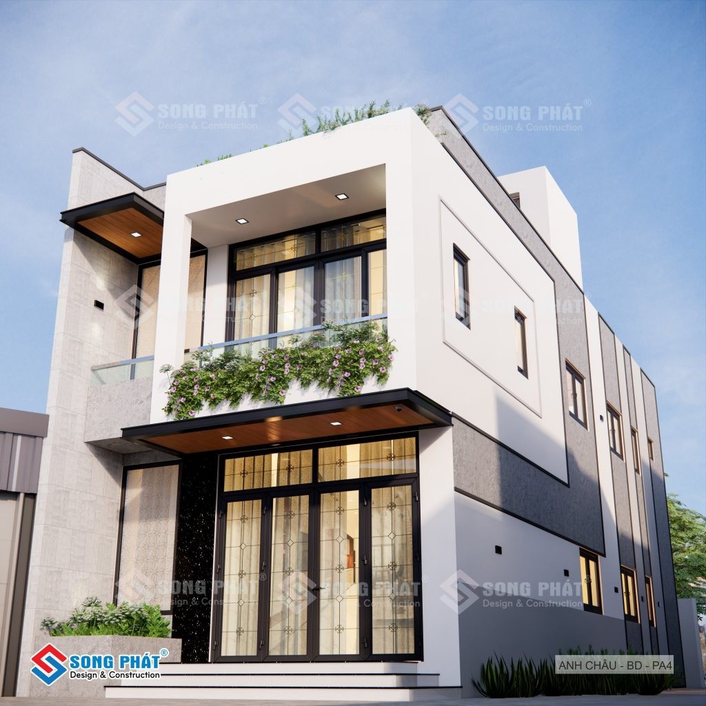 Mặt tiền nhà ống 2 tầng với hệ lam che nắng và mảng xanh