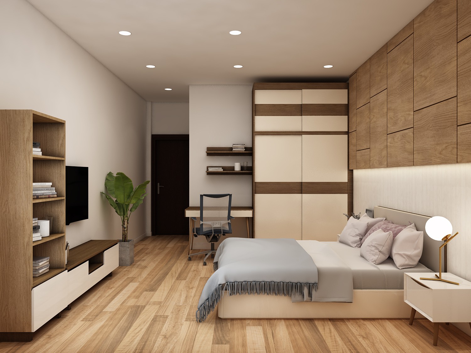 Phòng ngủ được bố trí với giường quay về hướng tốt theo phong thủy