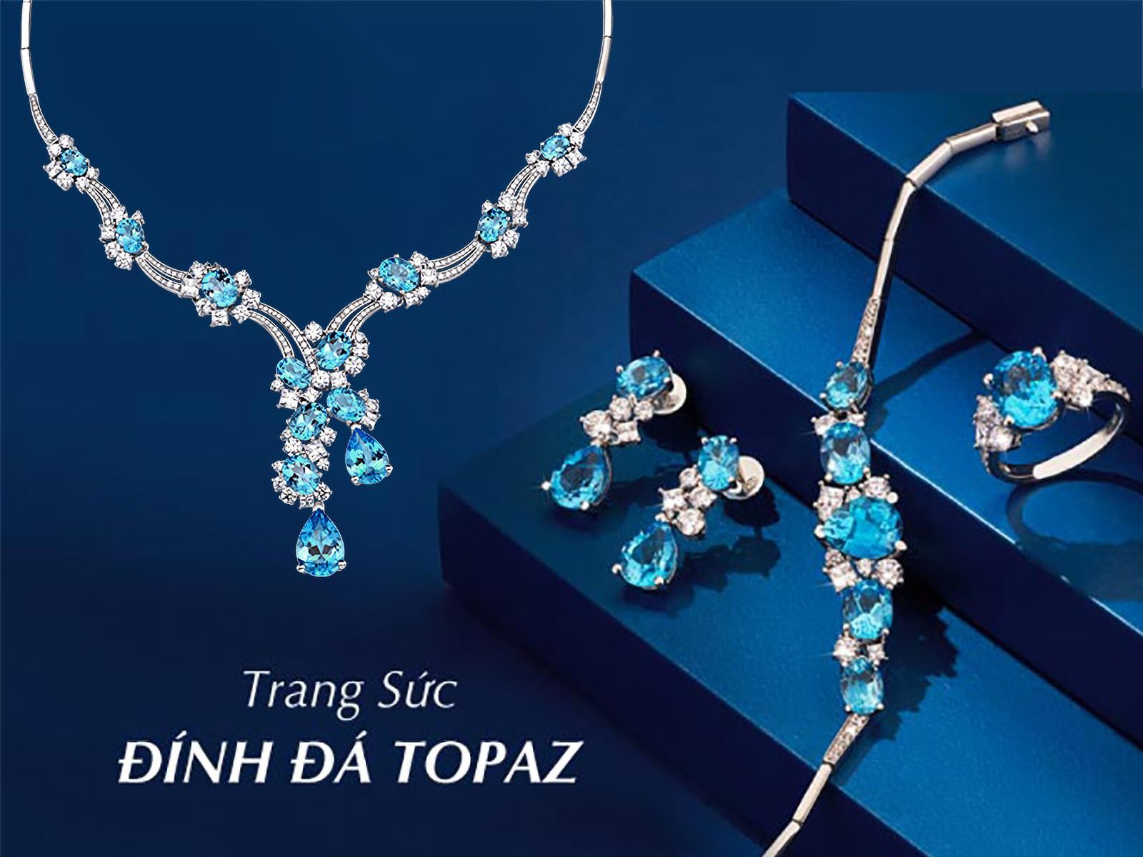 Vòng cổ đính đá Topaz màu xanh dương lấp lánh