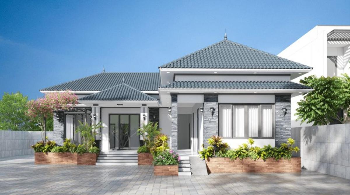 Nhà mái Nhật 1 tầng chữ L với vật liệu bền bỉ, hài hoà
