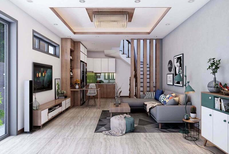 Phòng khách nhà ống 5m có cầu thang ngăn giữa với bếp