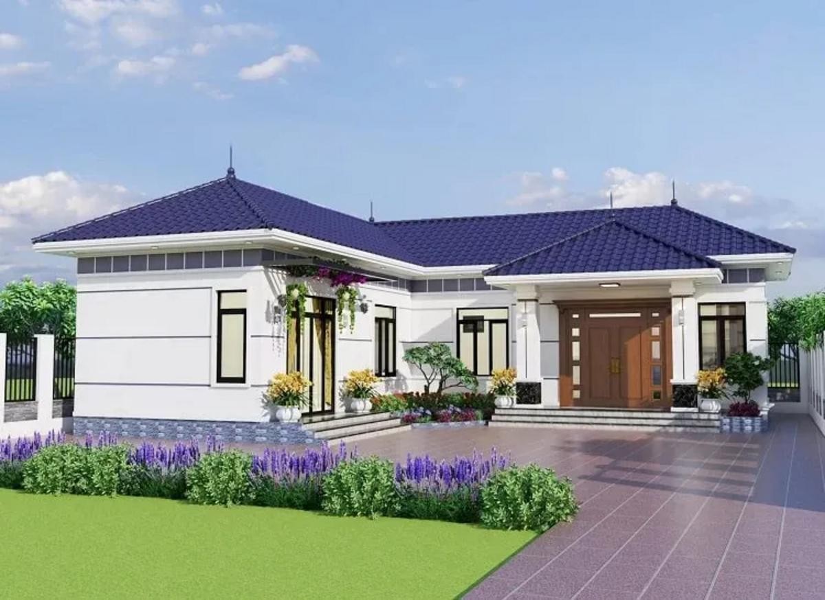 Sân vườn giúp ngôi nhà mái Nhật 1 tầng chữ L trở nên thông thoáng